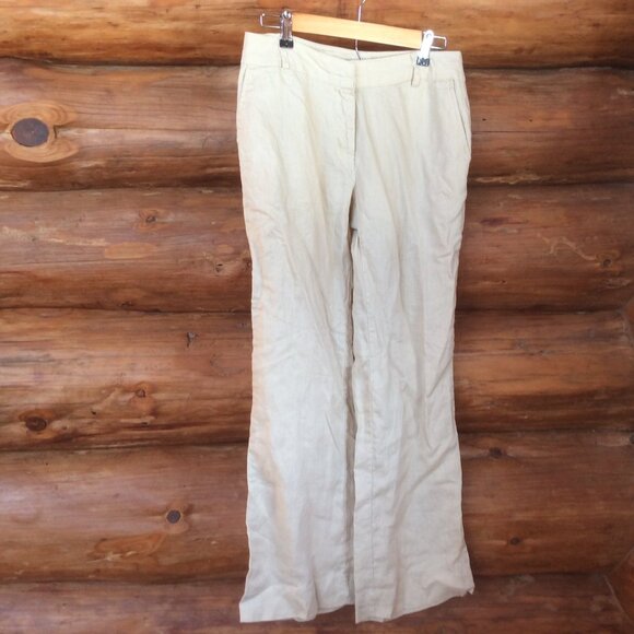 Willi Smith Khaki 100% Linen Wide Leg Y2K Trouser Good Preowned Pants Size 4 - Picture 1 of 4